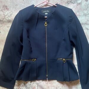 Navy Blue Peplum Blazer with Gold Zipper